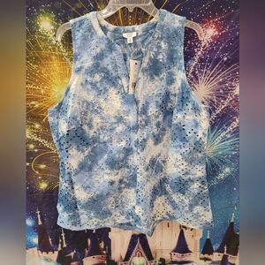 Crown & Ivy Blue Tie-Dye Eyelet Sleeveless Tank